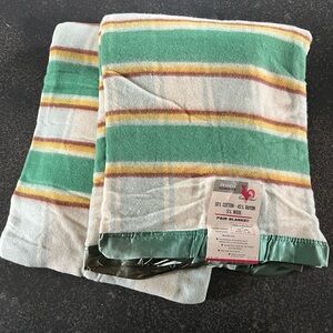 Vintage NWT JC Penney Green Stripe Wool Satin Trim Blanket 72”x84” 1950's Golden